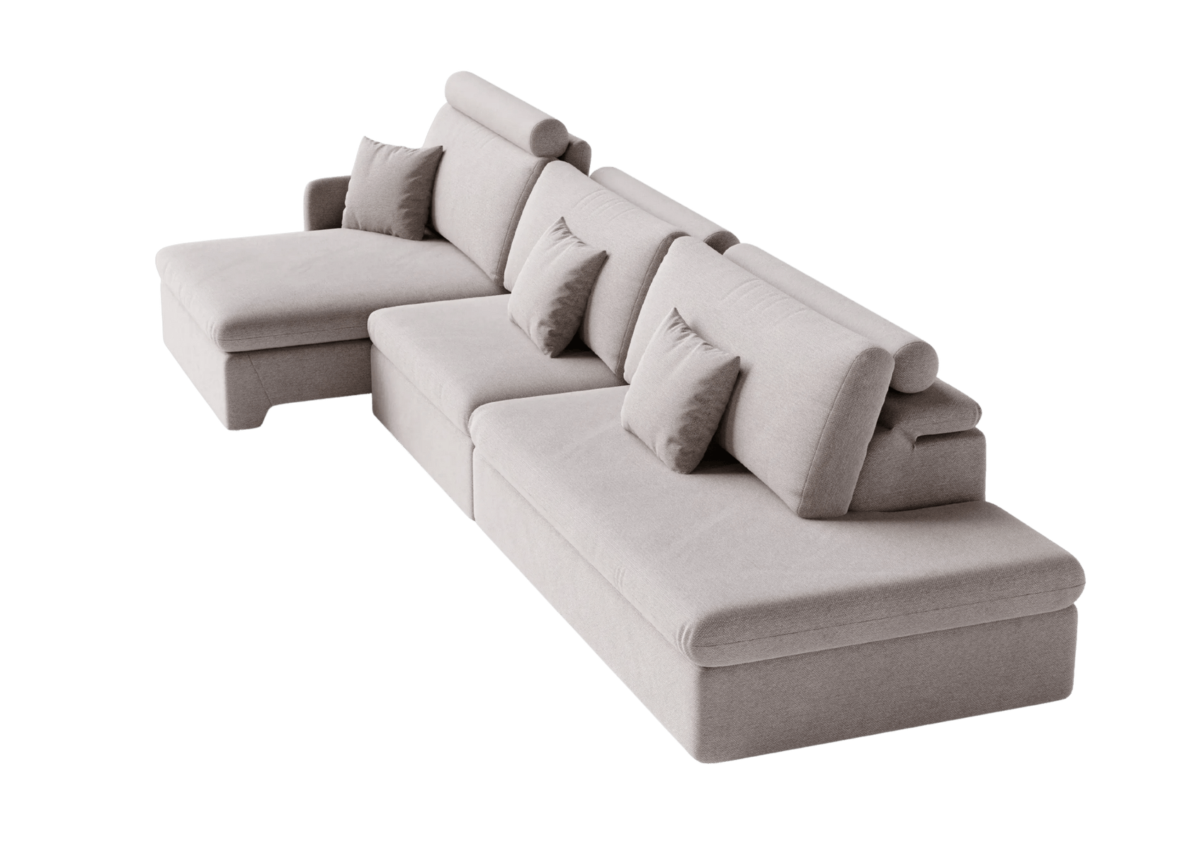 Sofá retrátil em tecido cinza claro, com chaise e almofadas decorativas