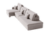 Sofá retrátil em tecido cinza claro, com chaise e almofadas decorativas
