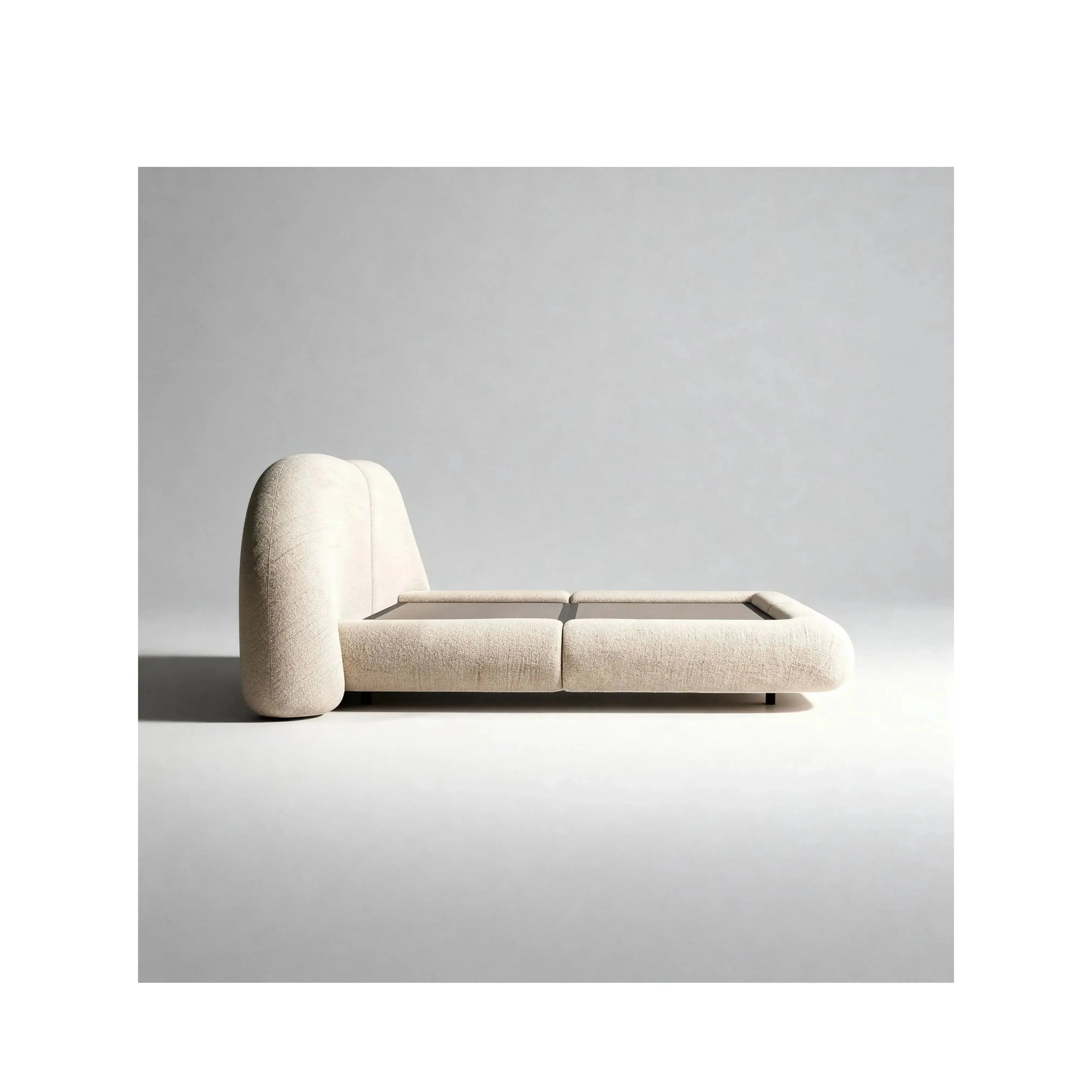 Cama Soline – cama estofada de linhas minimalistas e sofisticação discreta em linho ou bouclé
