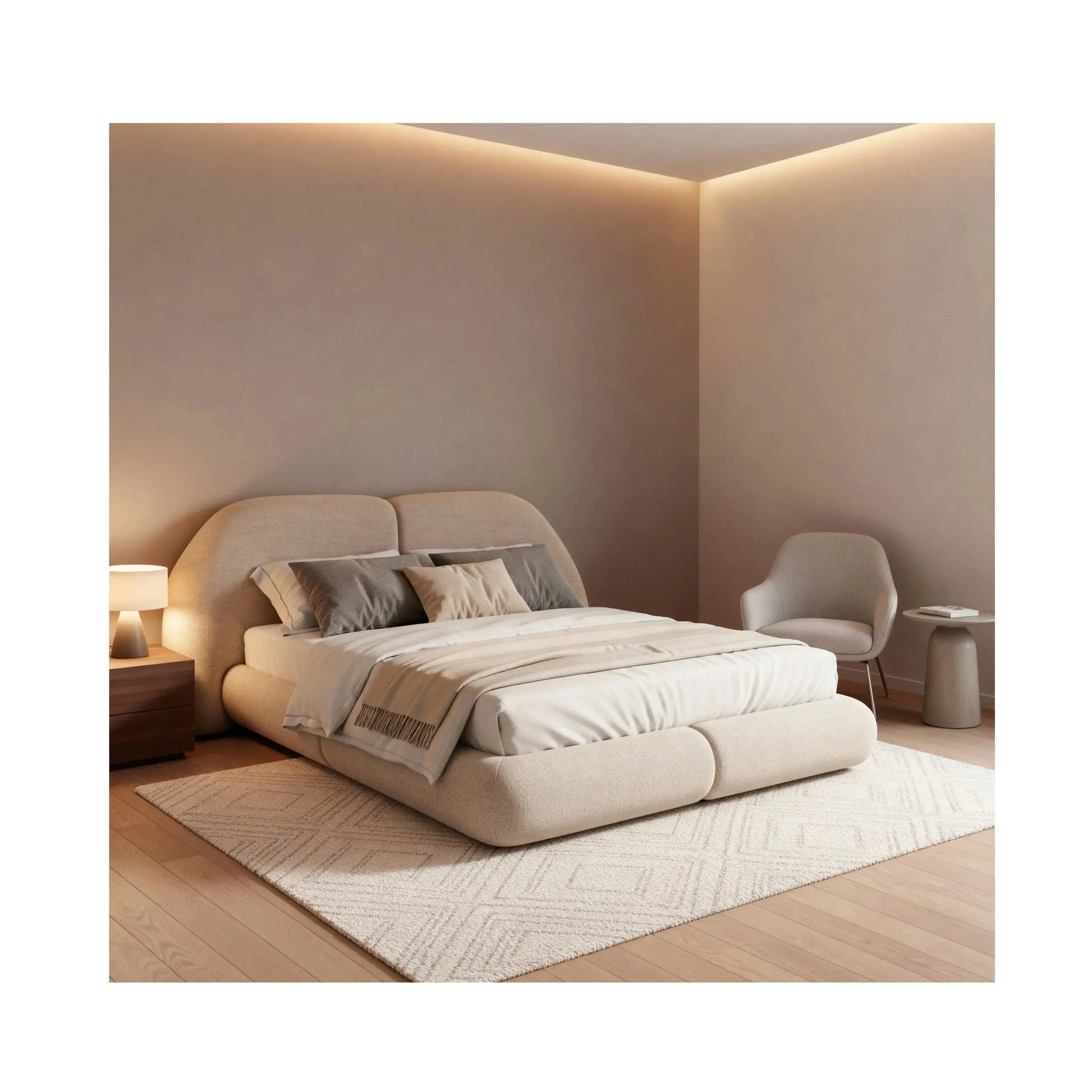 Cama Soline – cama estofada de linhas minimalistas e sofisticação discreta em linho ou bouclé