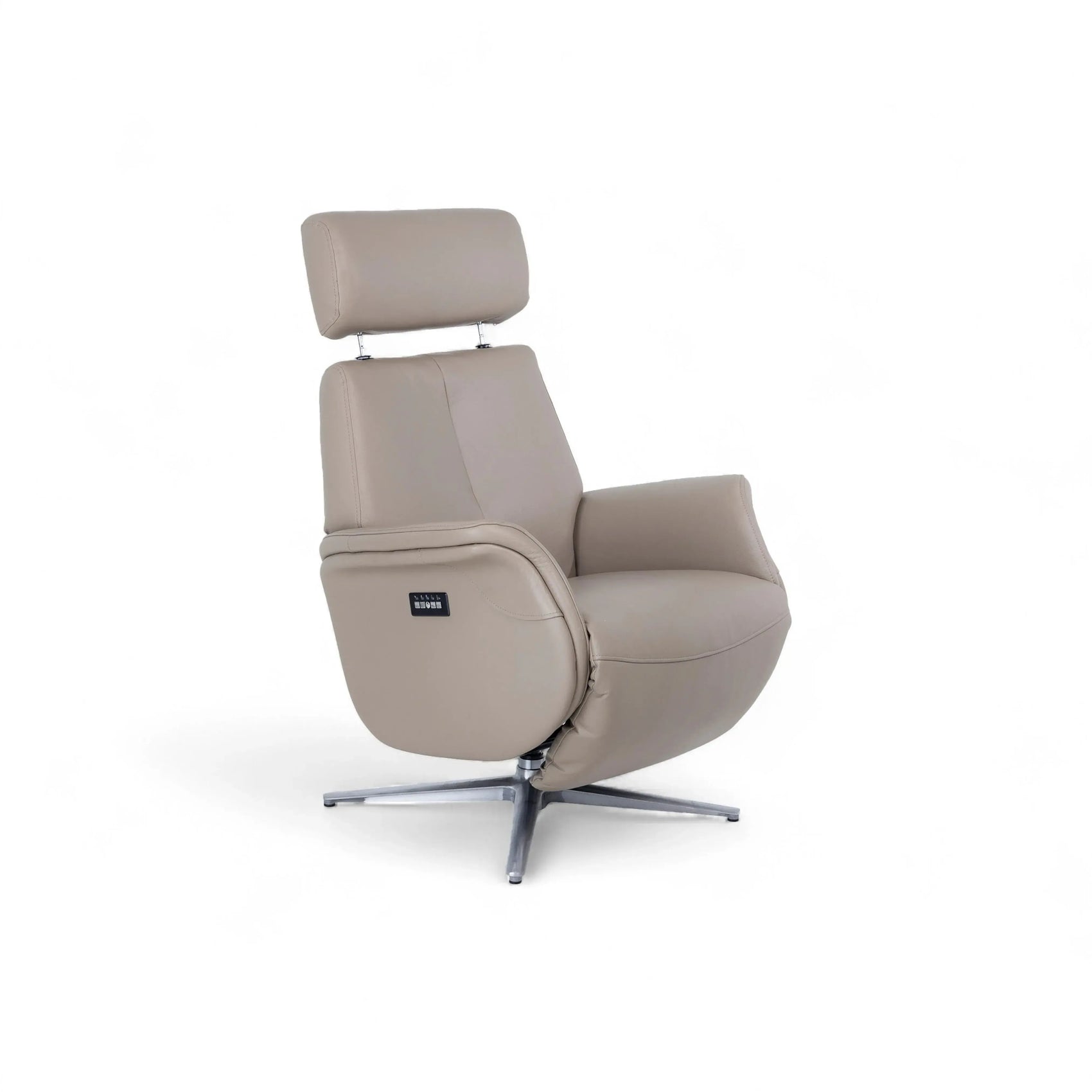 Poltrona Elétrica Louis – poltrona em couro taupe com encosto de cabeça ajustável e chaise elétrico