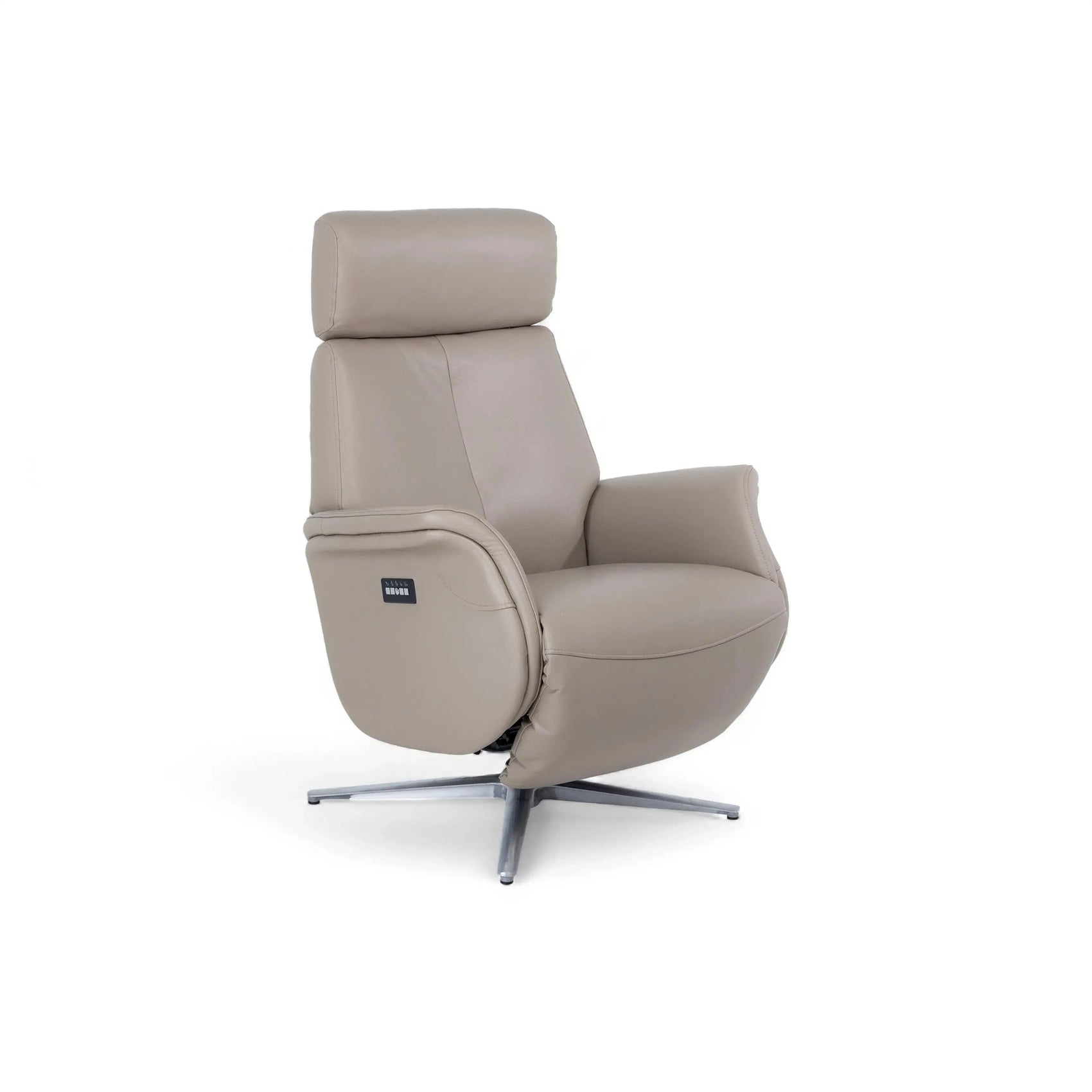 Poltrona Elétrica Louis – poltrona em couro taupe com encosto de cabeça ajustável e chaise elétrico