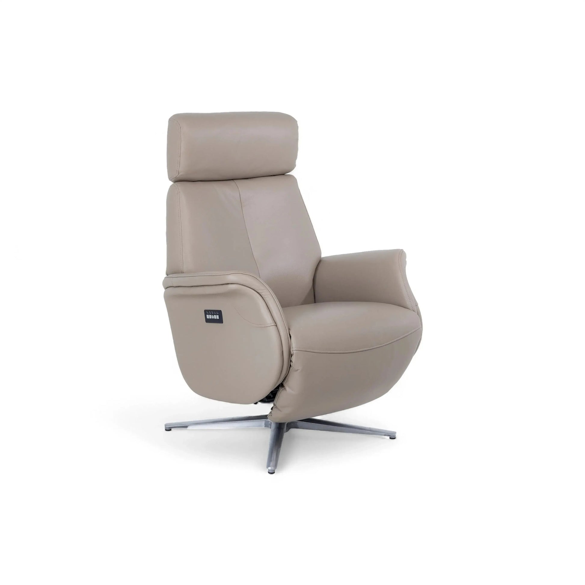 Poltrona Elétrica Louis – poltrona em couro taupe com encosto de cabeça ajustável e chaise elétrico