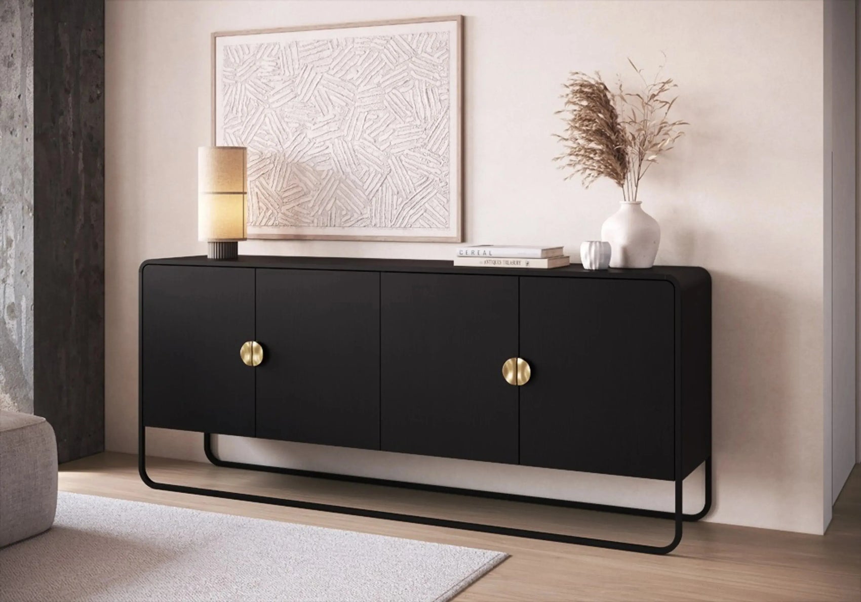 Balcão Buffet Dalia 180cm acabamento Nero/Preto com 4 portas e pés metálicos