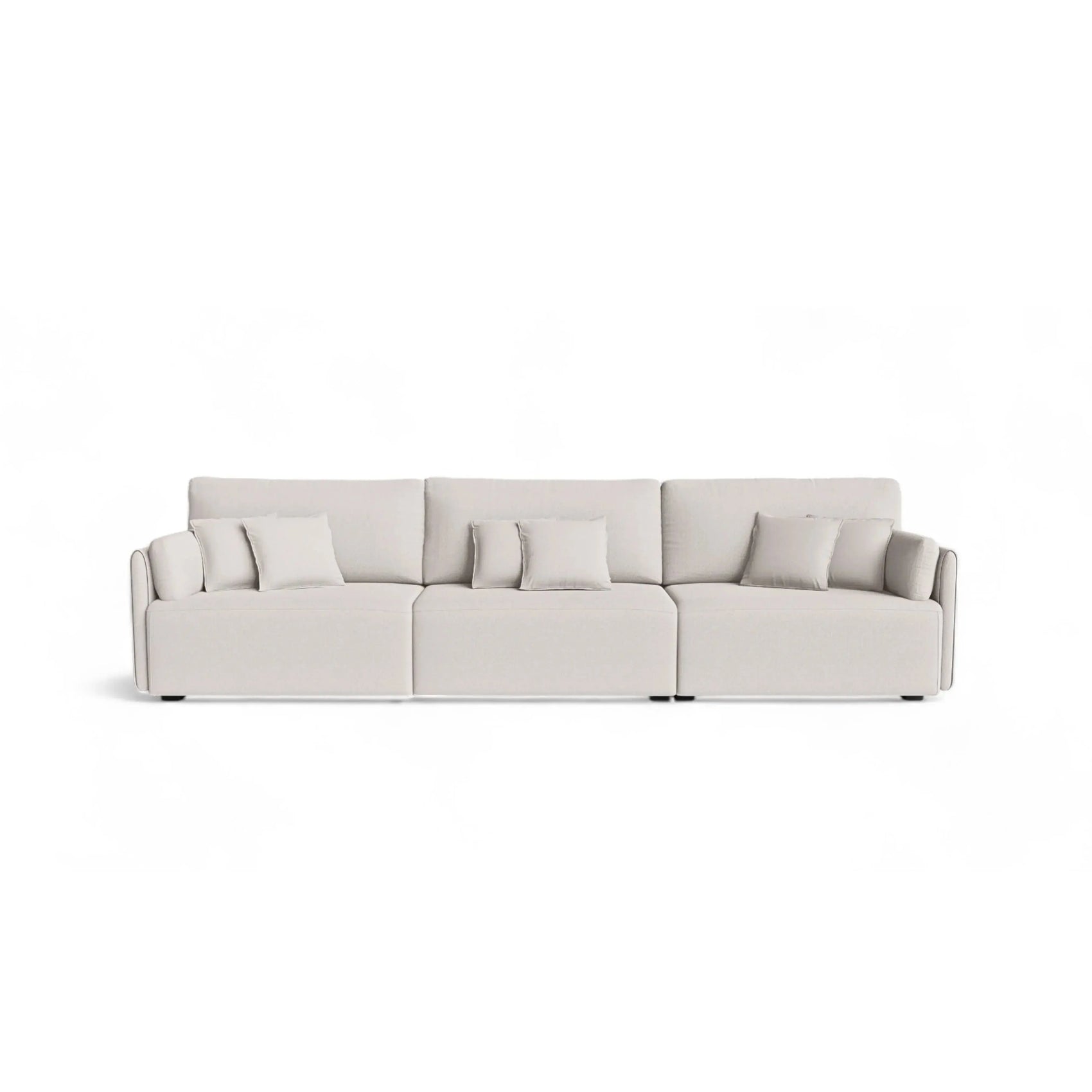 Sofá Living Thor – sofá em bouclé creme 270 cm com almofadas soltas e estrutura em eucalipto