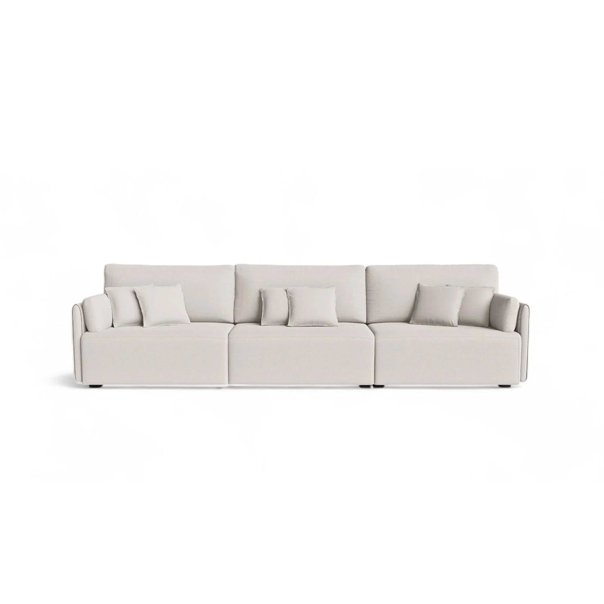 Sofá Living Thor – sofá em bouclé creme 270 cm com almofadas soltas e estrutura em eucalipto
