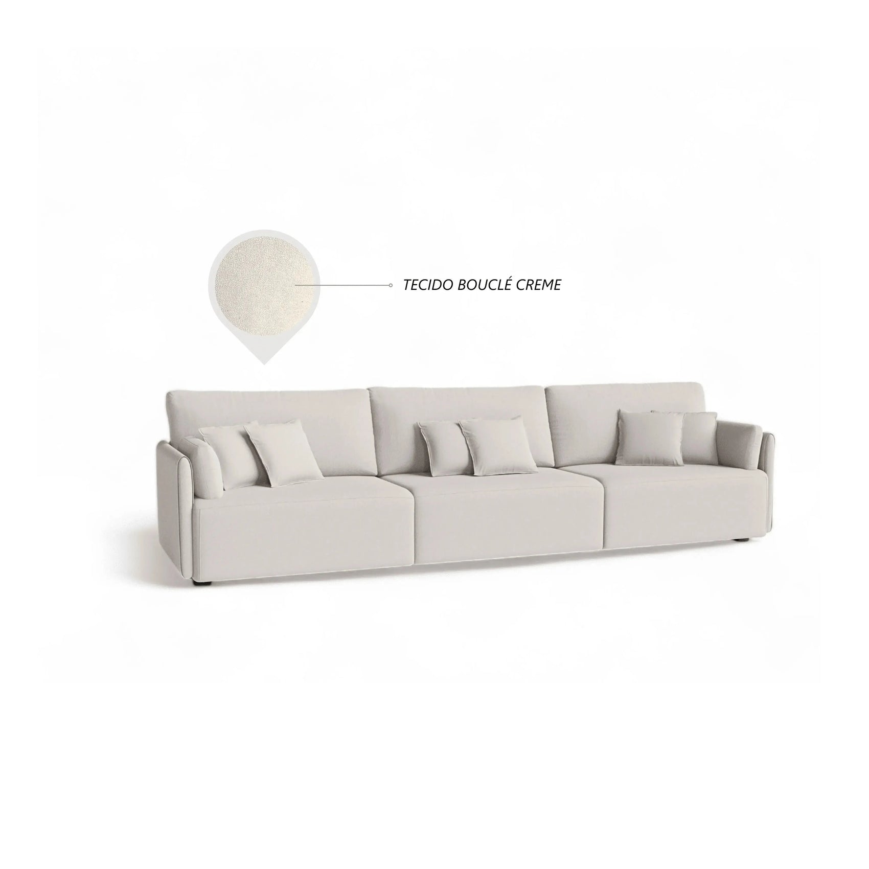 Sofá Living Thor – sofá em bouclé creme 270 cm com almofadas soltas e estrutura em eucalipto