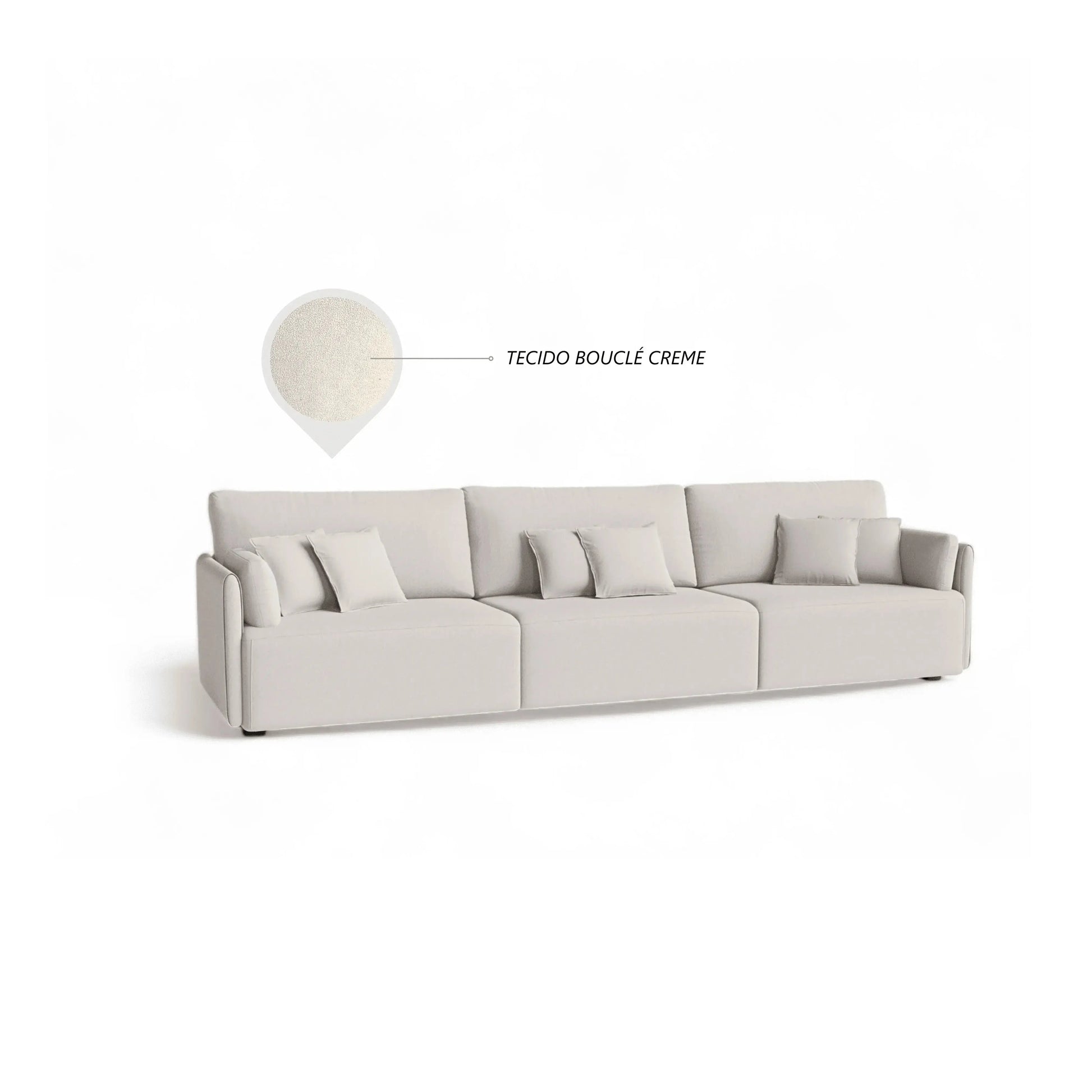 Sofá Living Thor – sofá em bouclé creme 270 cm com almofadas soltas e estrutura em eucalipto
