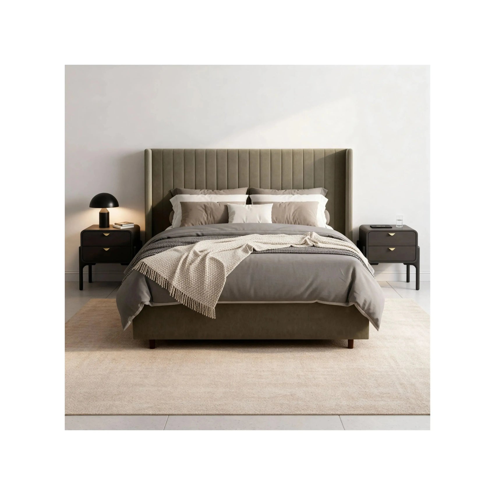 Cama Umbra – cama estofada de design sólido e envolvente com luxo discreto em linho ou bouclé