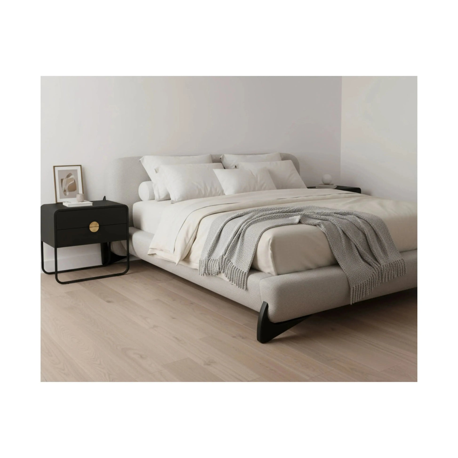 Cama Valora – cama estofada com estilo vintage e pés em madeira maciça tingida