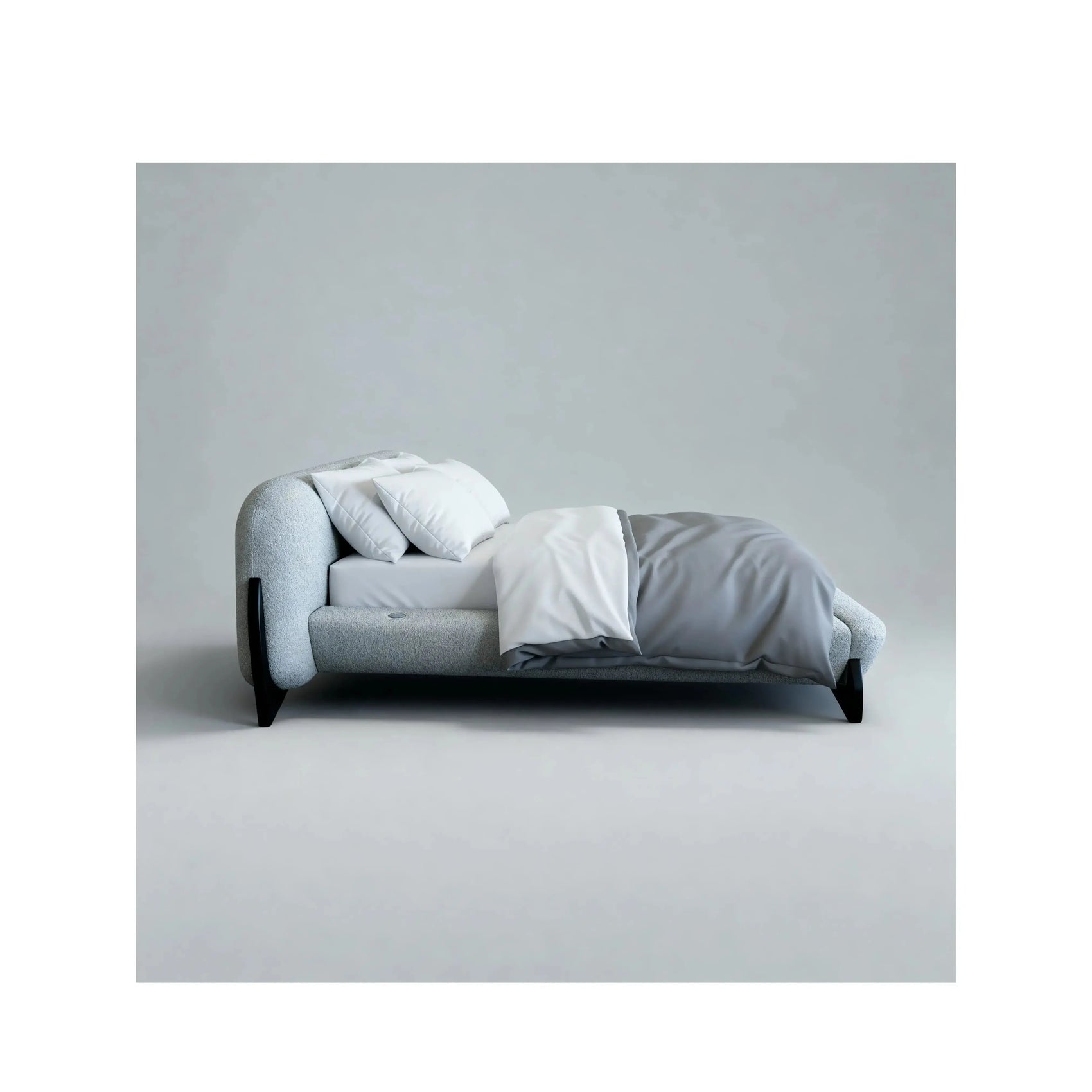 Cama Valora – cama estofada com estilo vintage e pés em madeira maciça tingida