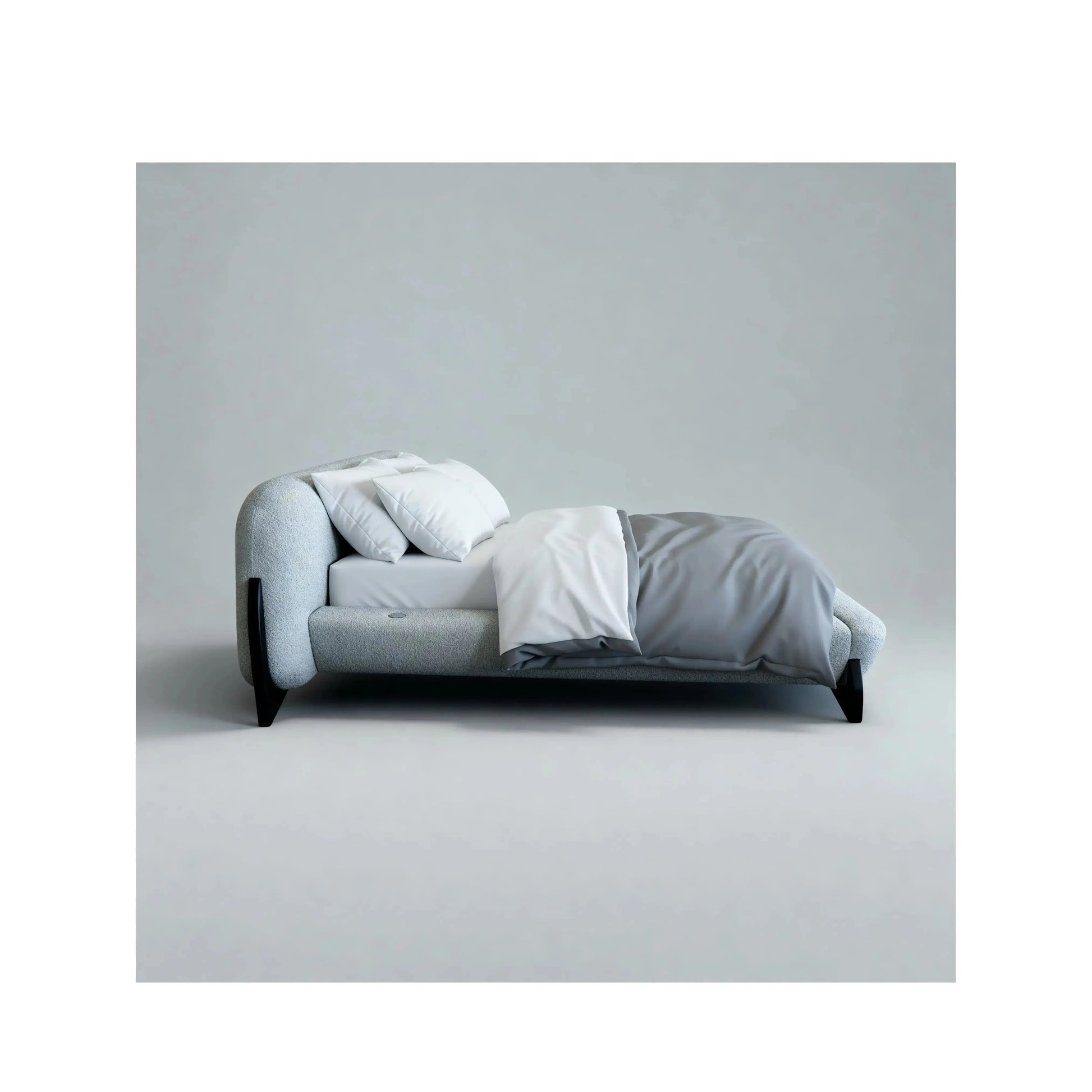 Cama Valora – cama estofada com estilo vintage e pés em madeira maciça tingida