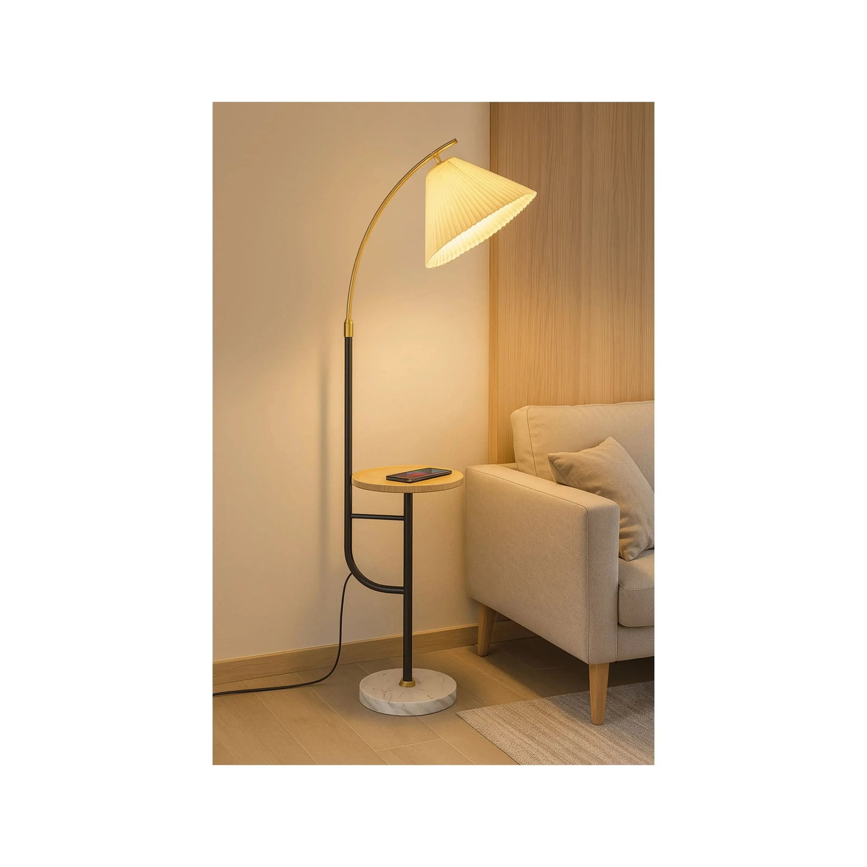 Luminária de Piso Vellum – luminária com mesa integrada em madeira e base em Mármore Carrara