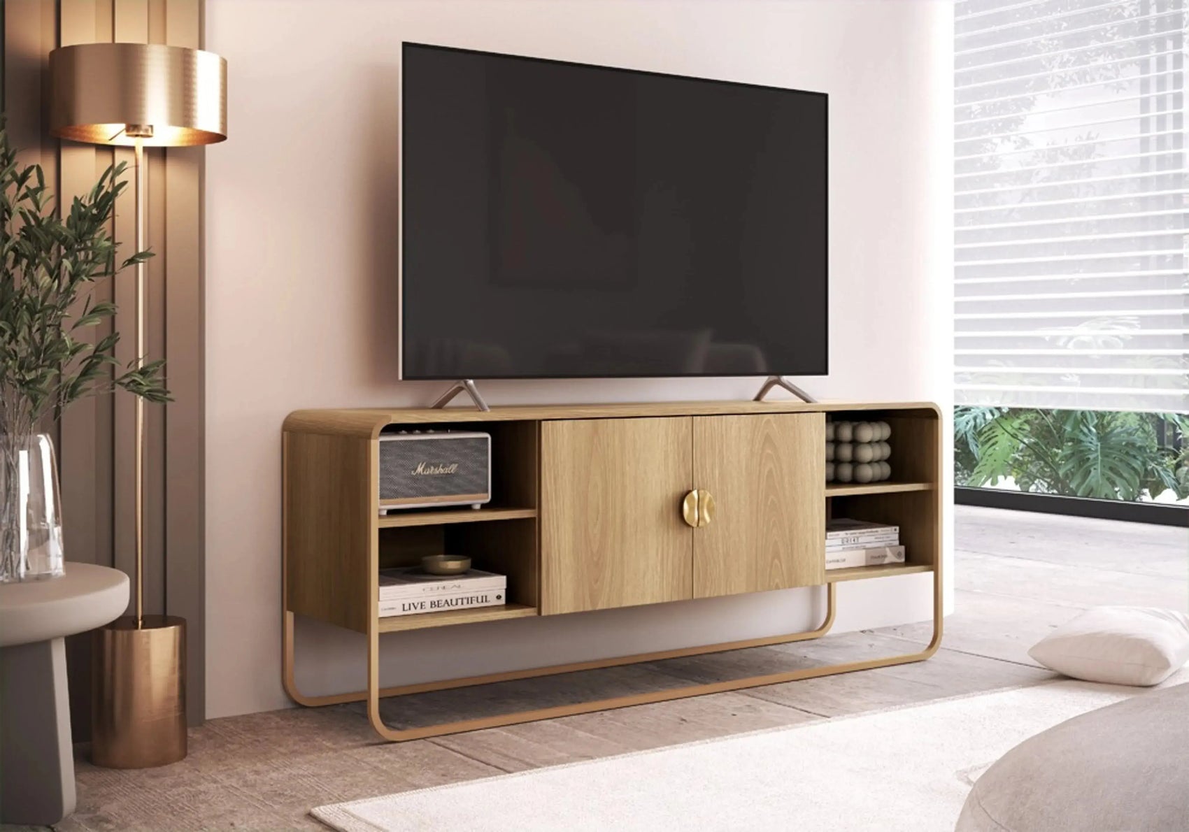 Rack Dalia 150cm 2 Portas acabamento Hanover/Dourado com pés metálicos e design orgânico
