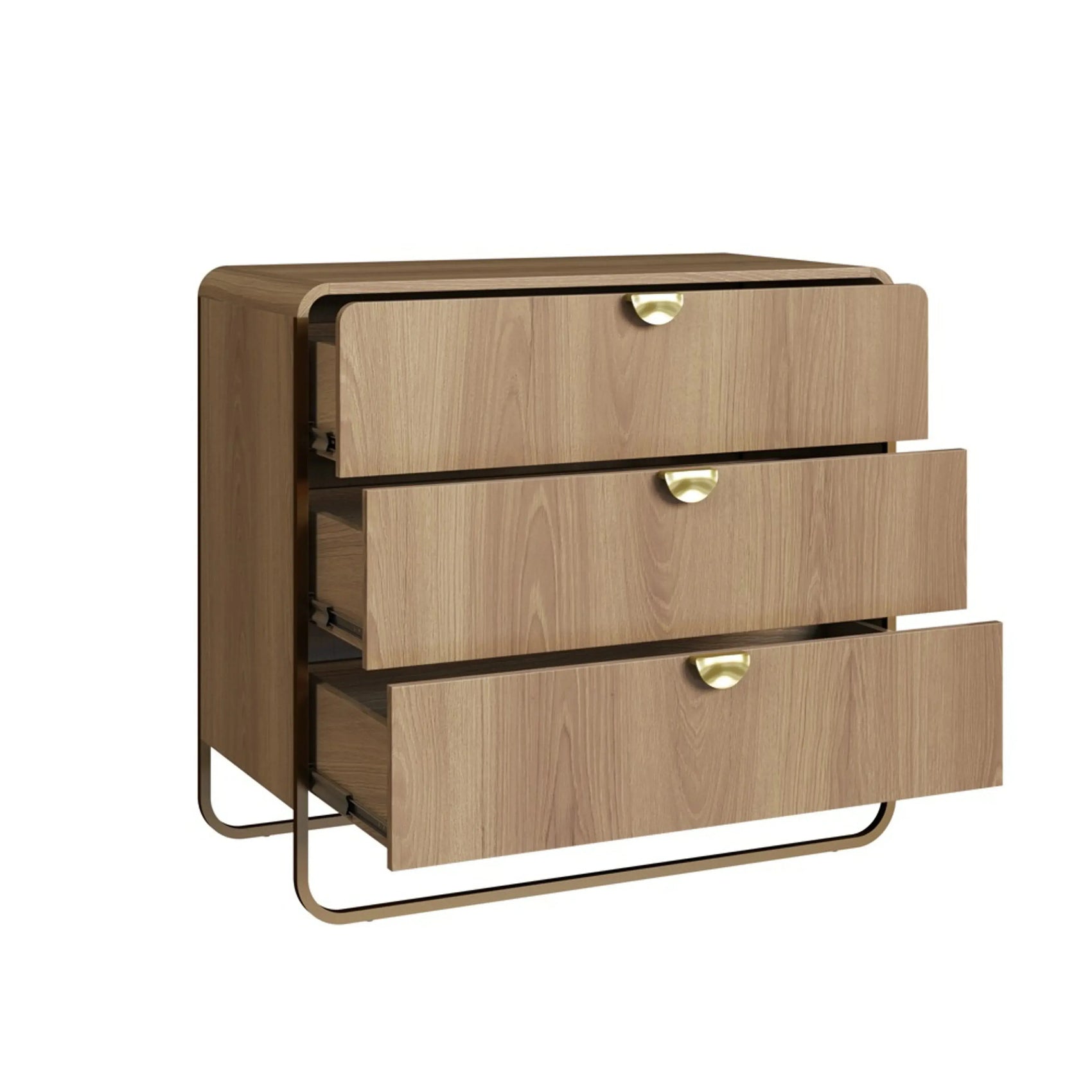 Cômoda Dalia 3 Gavetas 90cm acabamento Hanover/Dourado com pés metálicos e design orgânico