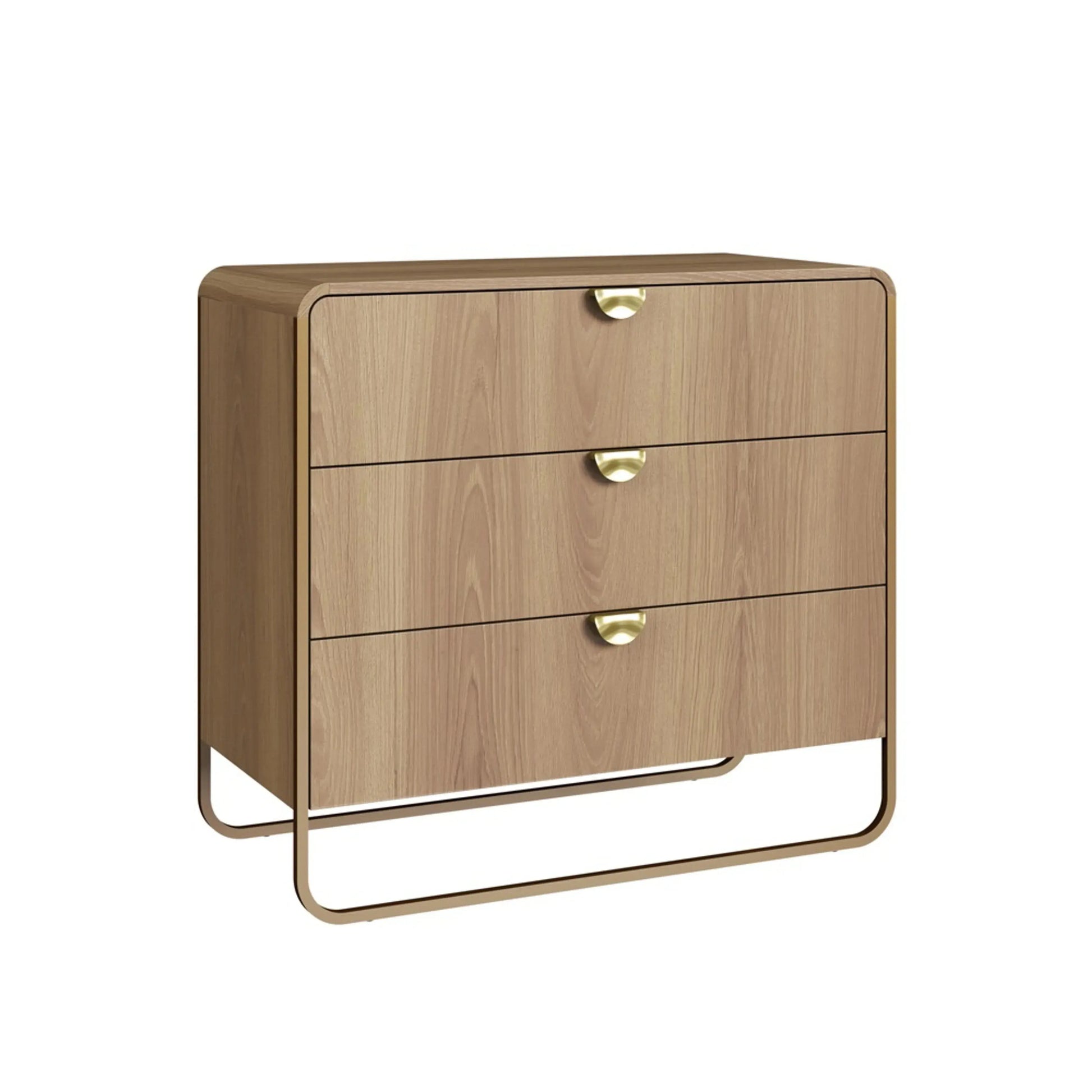 Cômoda Dalia 3 Gavetas 90cm acabamento Hanover/Dourado com pés metálicos e design orgânico