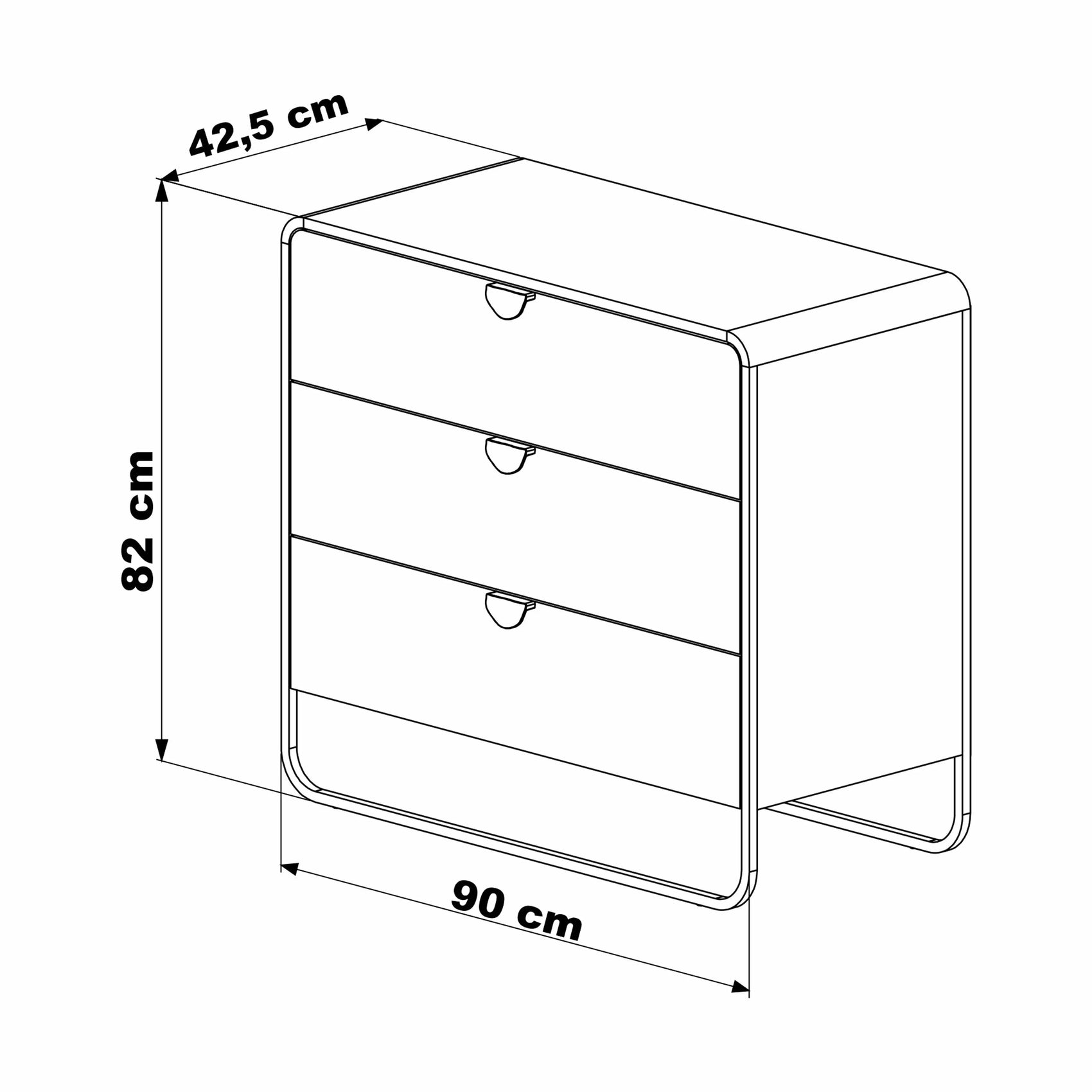 Cômoda Dalia 3 Gavetas 90cm acabamento Nero/Preto com pés metálicos e design orgânico