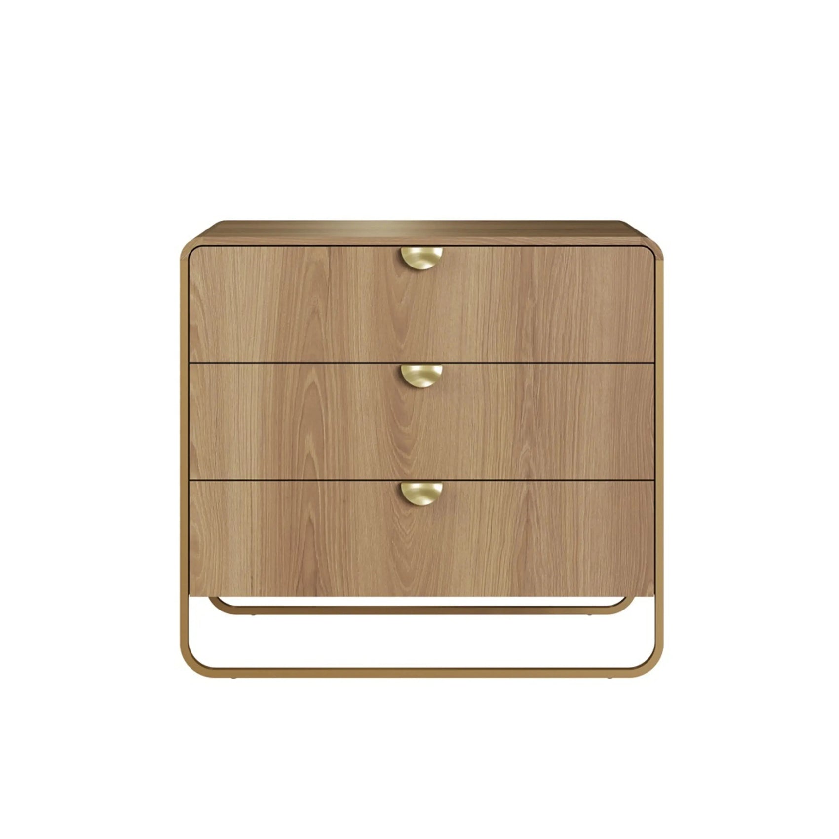 Cômoda Dalia 3 Gavetas 90cm acabamento Hanover/Dourado com pés metálicos e design orgânico