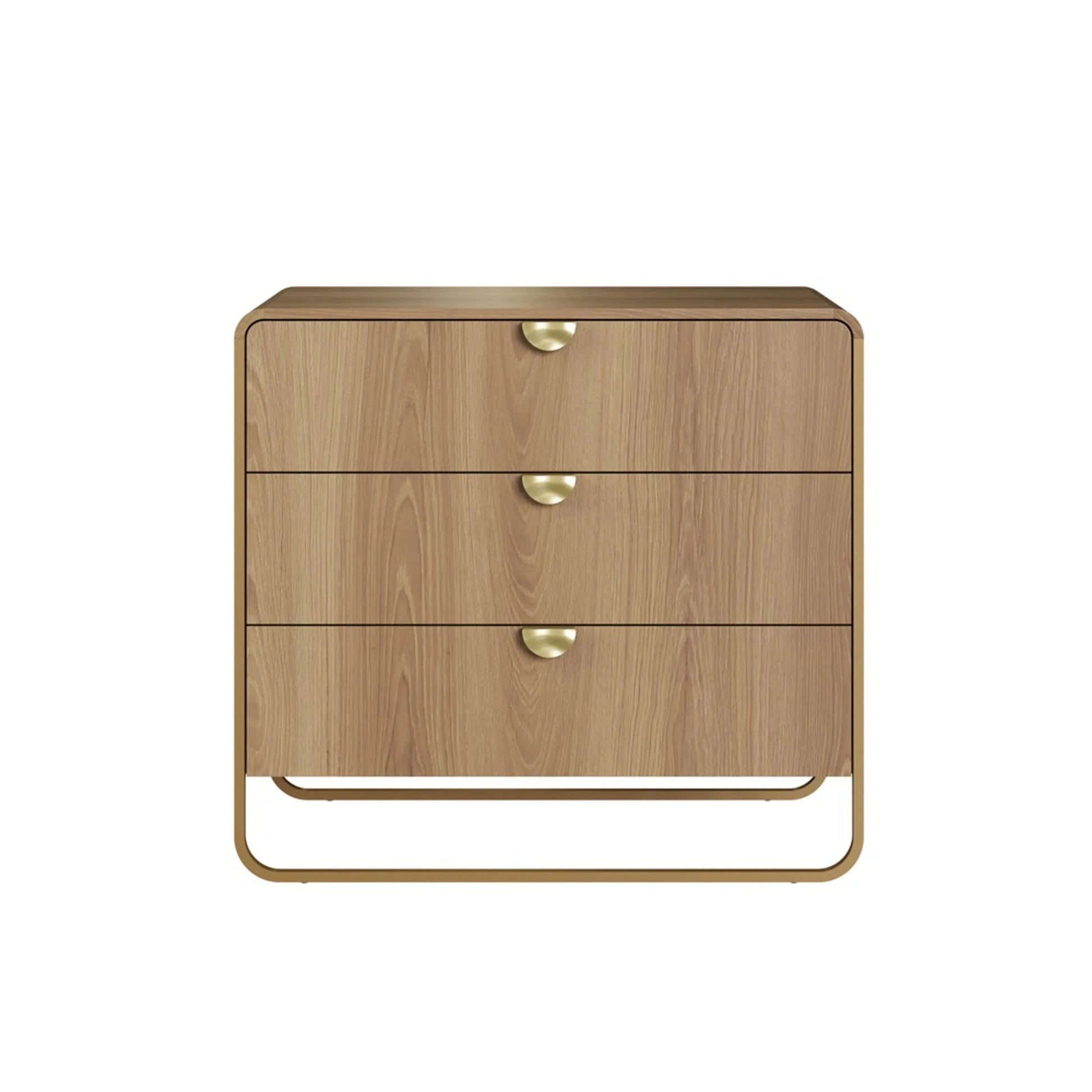 Cômoda Dalia 3 Gavetas 90cm acabamento Hanover/Dourado com pés metálicos e design orgânico