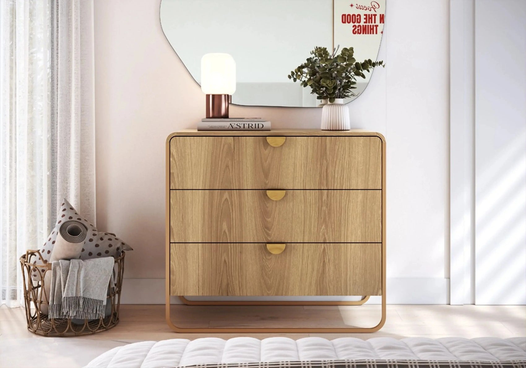 Cômoda Dalia 3 Gavetas 90cm acabamento Hanover/Dourado com pés metálicos e design orgânico