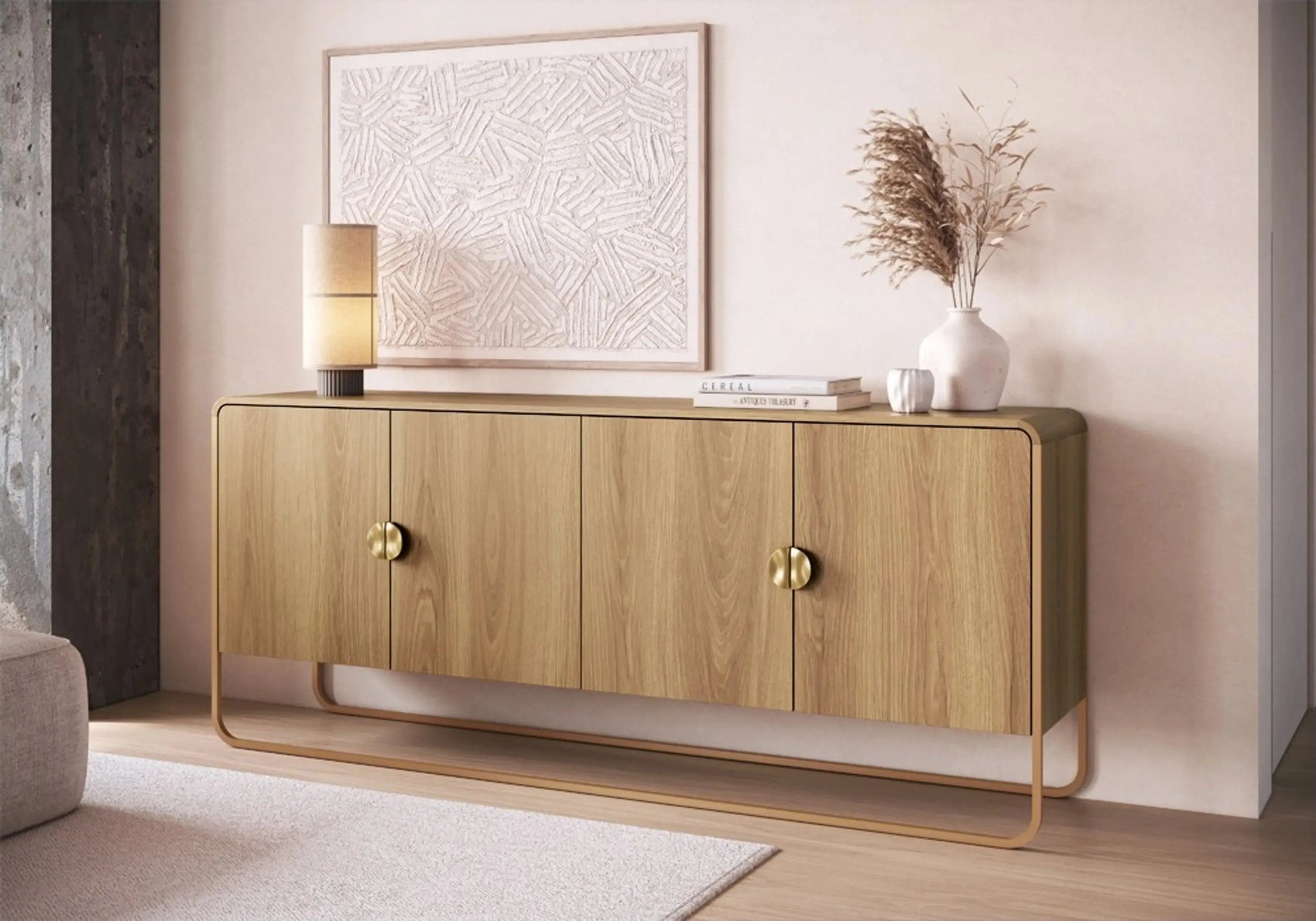 Balcão Buffet Dalia 180cm acabamento Hanover/Dourado com 4 portas e pés metálicos dourados